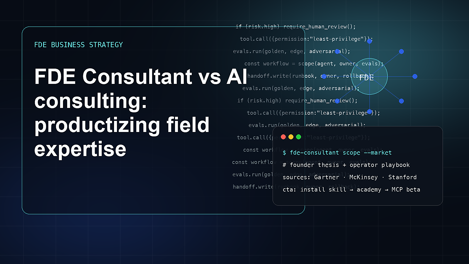 Editorial visual for FDE Consultants Protocoles vs AI consulting: productizing field expertise.
